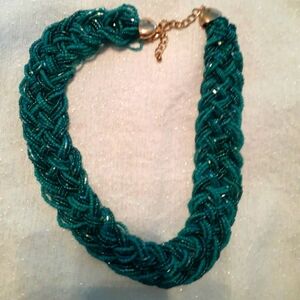 Turquoise and silver tone chunky beaded woven seed bib necklace